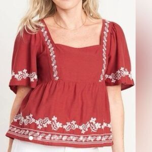 Old Navy XXL Embroidered Rust Red Boho Flutter Sleeve Tie-Back Peasant Blouse